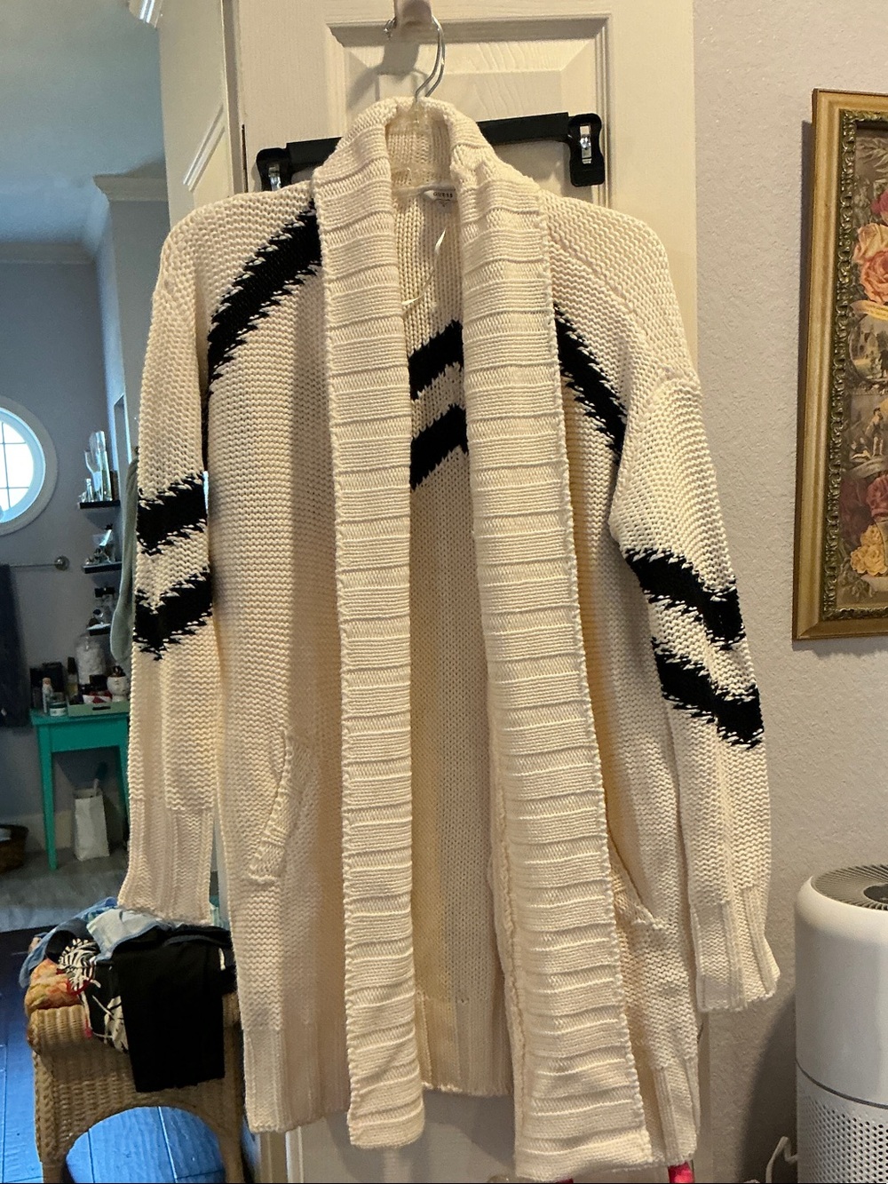 Guess Cream Open-Front Cardigan with Black Stripe Accents